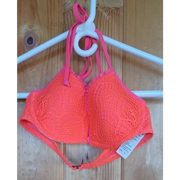Hollister Bikini Top Fluorescent Orange Women's Small Lace Overlay Halter Tie - Picture 4 of 9